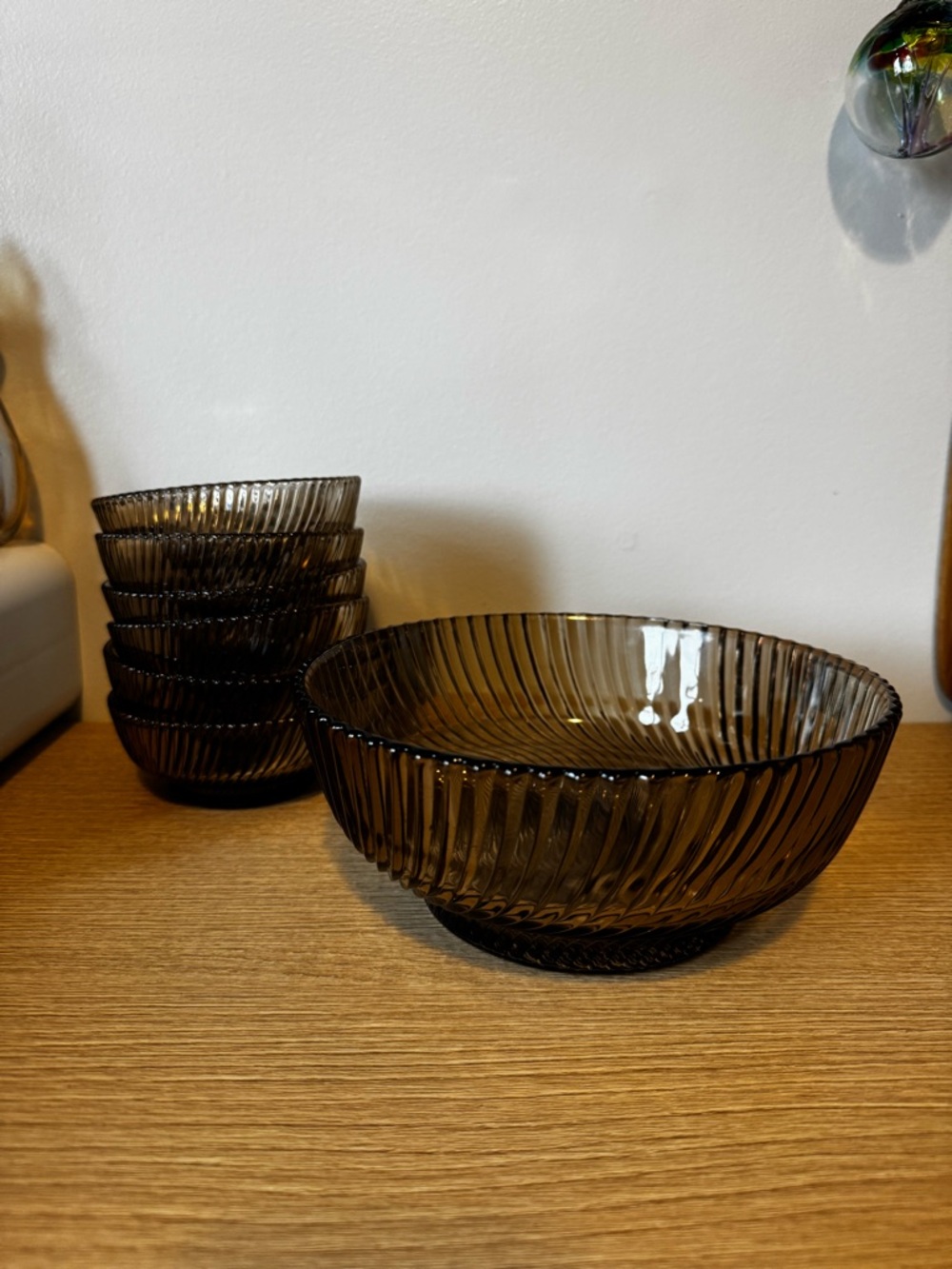 Smoked Glass Ribbed Serving Bowl and Bowl Set - Home Dining